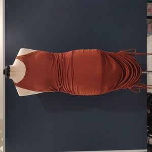 Acoa Stretchy Asymmetrical Drawstring Sided Copper Dress Size L